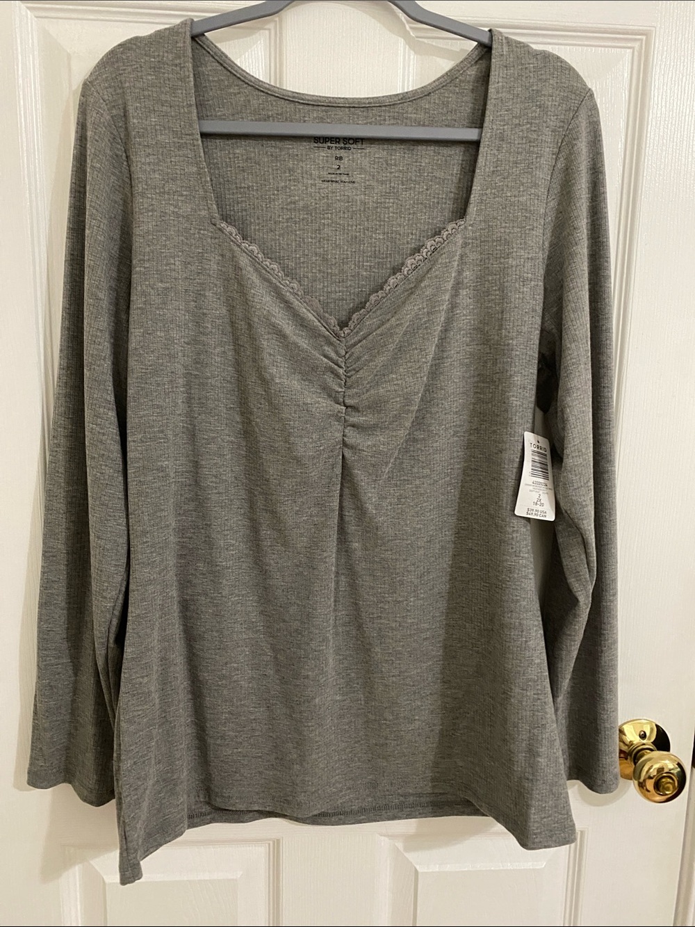 Torrid Gray Ruched V-Neck Long Sleeve Top